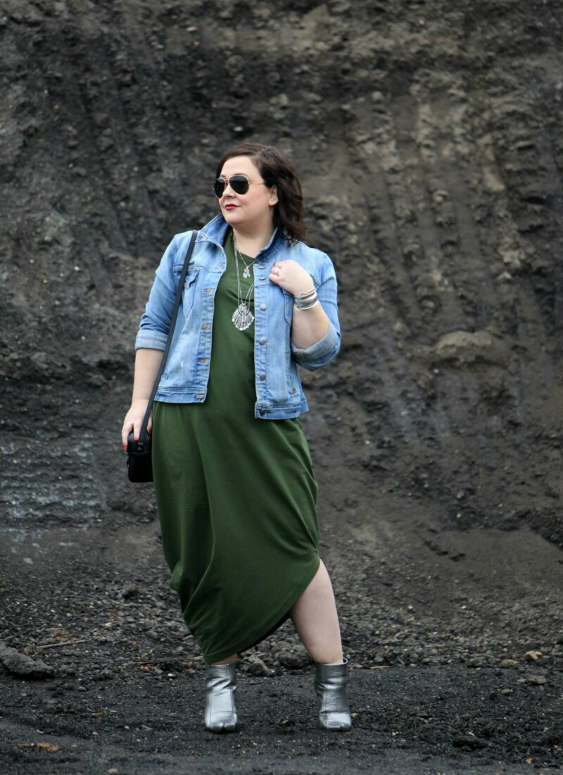 Wardrobe Oxygen, over 40 fashion blogger in a Universal Standard Geneva dress with a J. Crew Factory denim jacket and silver snakeskin booties