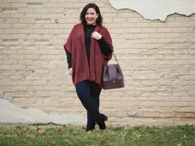 Wardrobe Oxygen,, over 40 blogger wearing a Melissa McCarthy Seven7 cardigan and Dagne Dover oxblood leather bucket bag