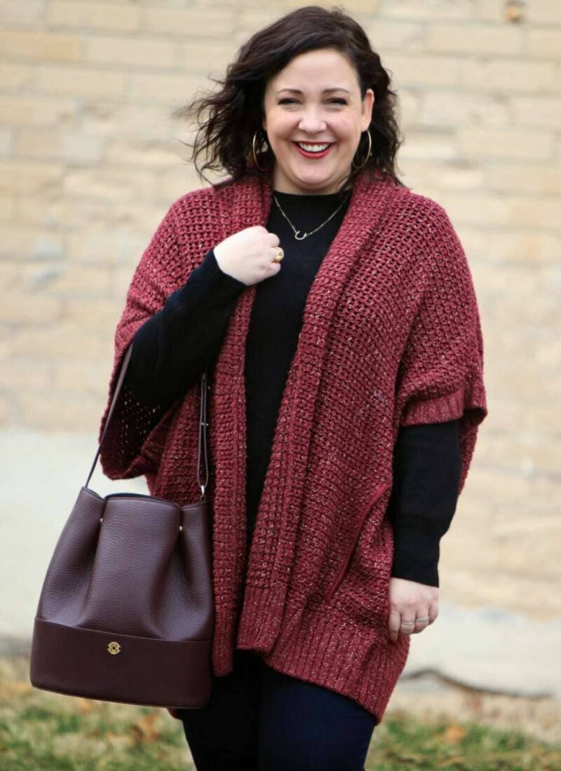 Wardrobe Oxygen,, over 40 blogger wearing a Melissa McCarthy Seven7 cardigan and Dagne Dover oxblood leather bucket bag