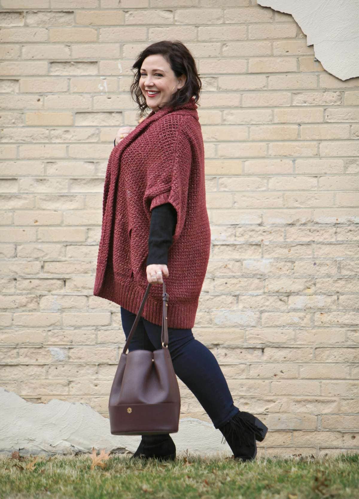 Wardrobe Oxygen,, over 40 blogger wearing a Melissa McCarthy Seven7 cardigan and Dagne Dover oxblood leather bucket bag