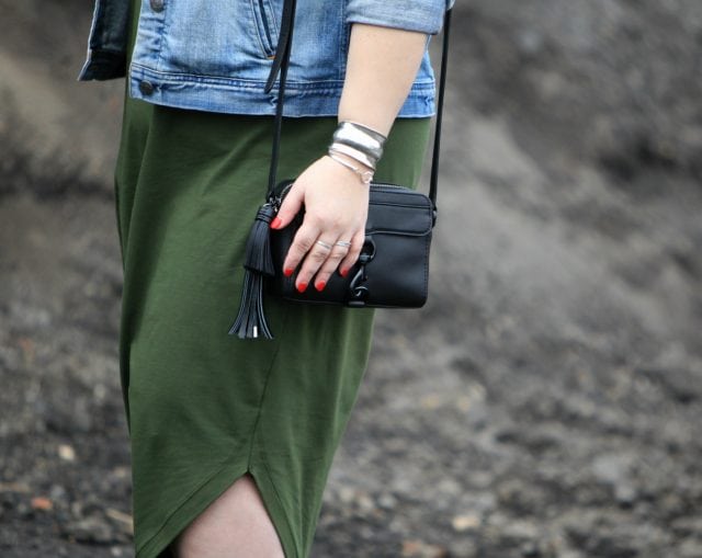 Wardrobe Oxygen, over 40 fashion blogger in a Universal Standard Geneva dress with a J. Crew Factory denim jacket and silver snakeskin booties