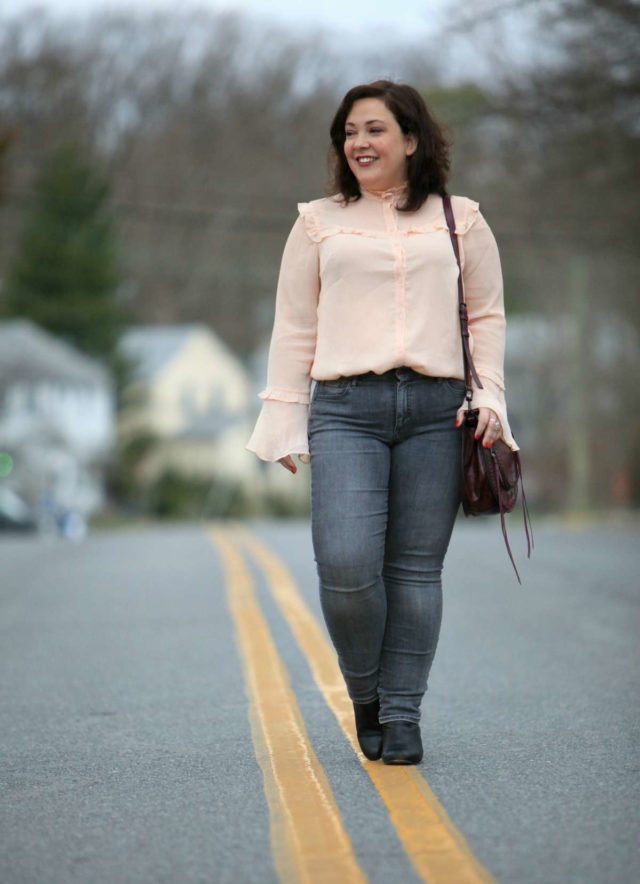 Wardrobe Oxygen over 40 fashion blogger in ELOQUII blouse and Gap Real Straight jeans