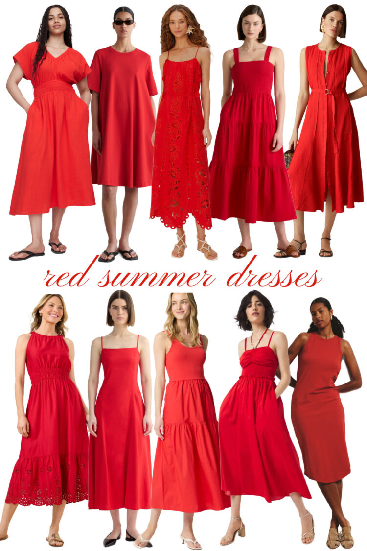 collage of 10 red midi length summer dresses for 2025
