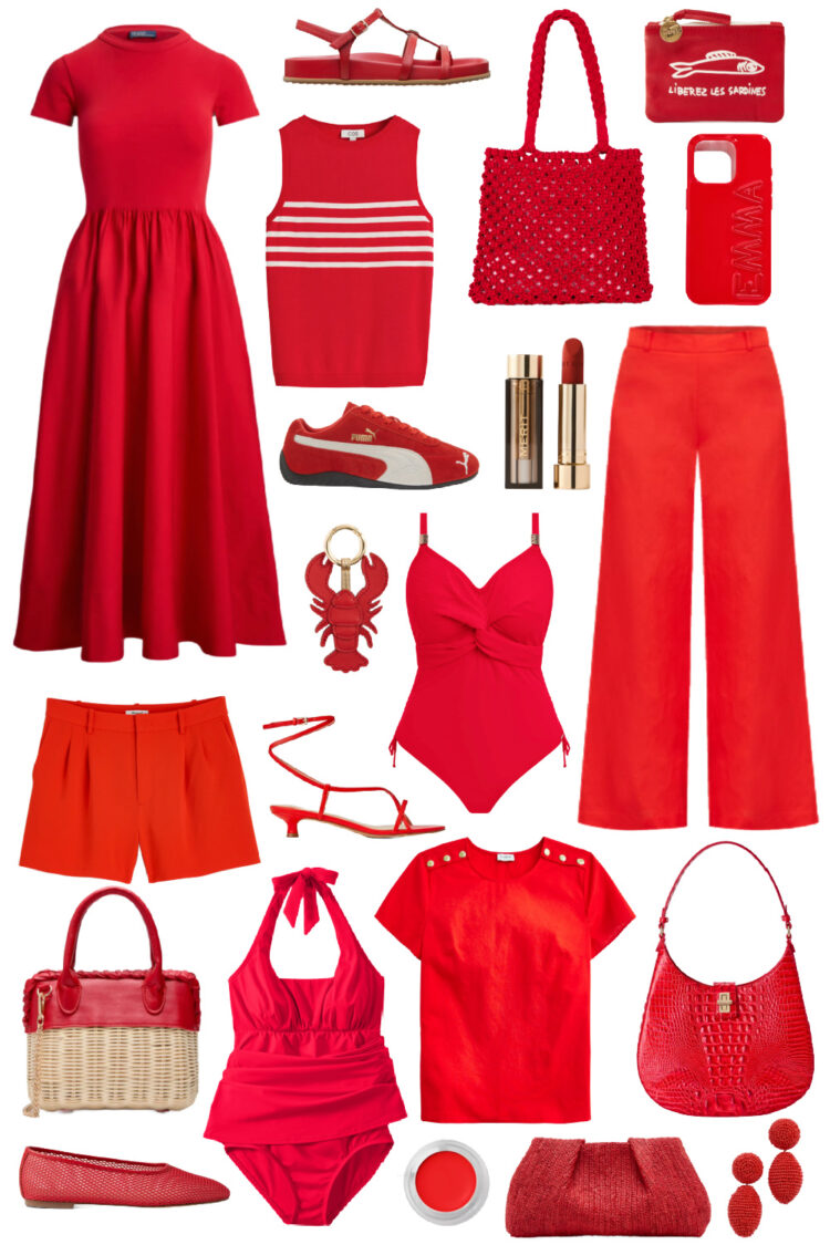 collage of red fashion and accessories for summer 2025