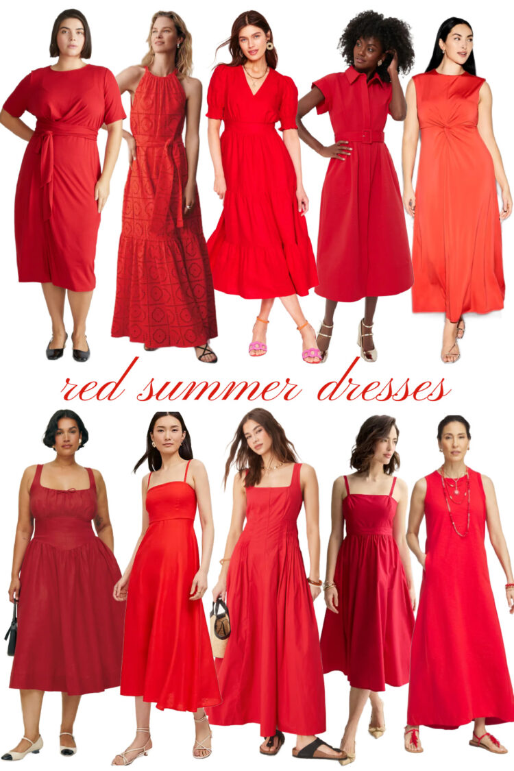 a collage of 10 different red summer dresses