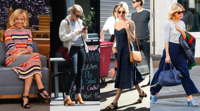 Sienna Miller wearing the block heel trend