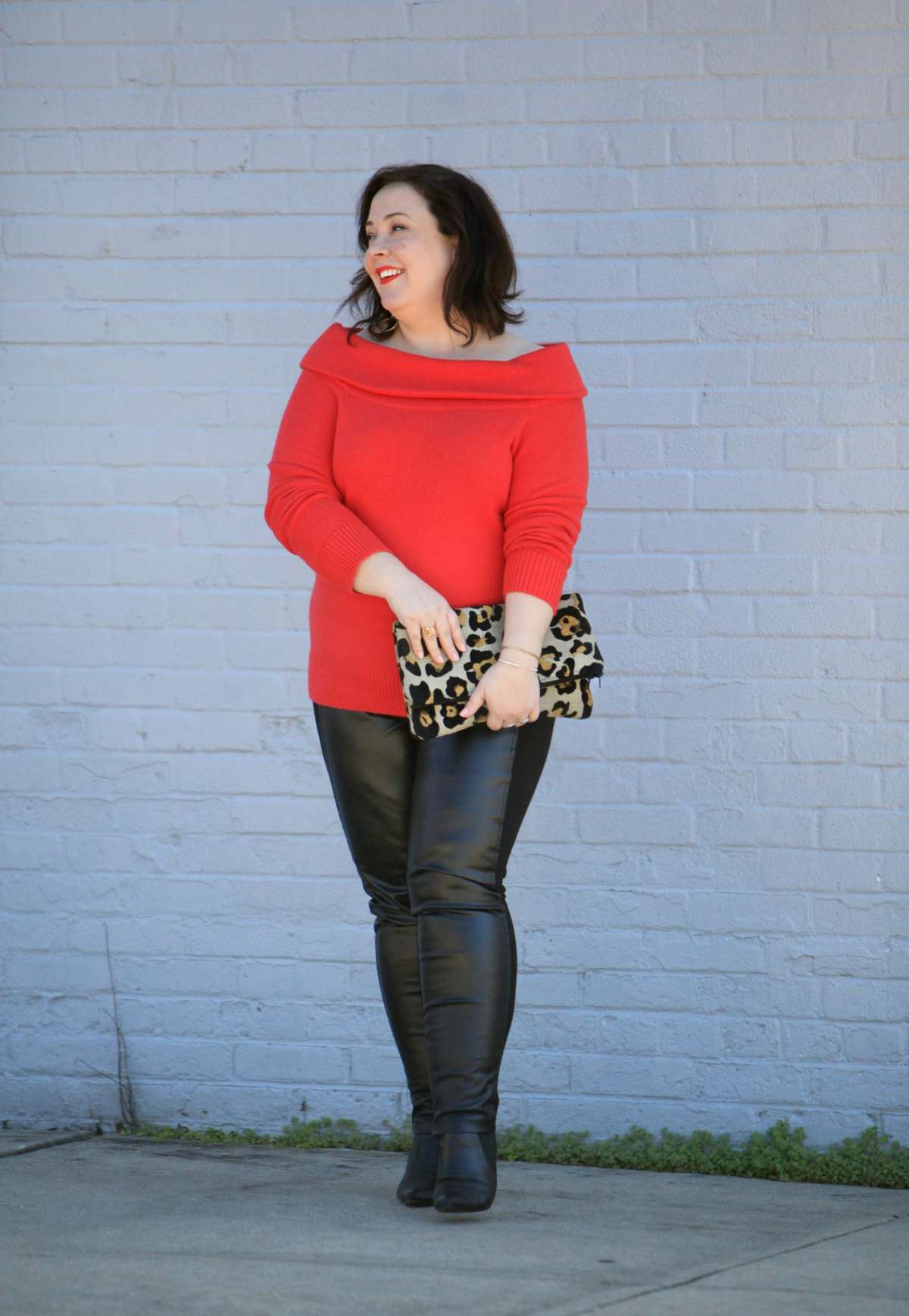 Wardrobe Oxygen, over 40 size 14 fashion blogger in a Vince Camuto sweater from Gwynnie Bee styled with Stella Carakasi faux leather front ponte pants and a leopard clutch from Love,Cortnie
