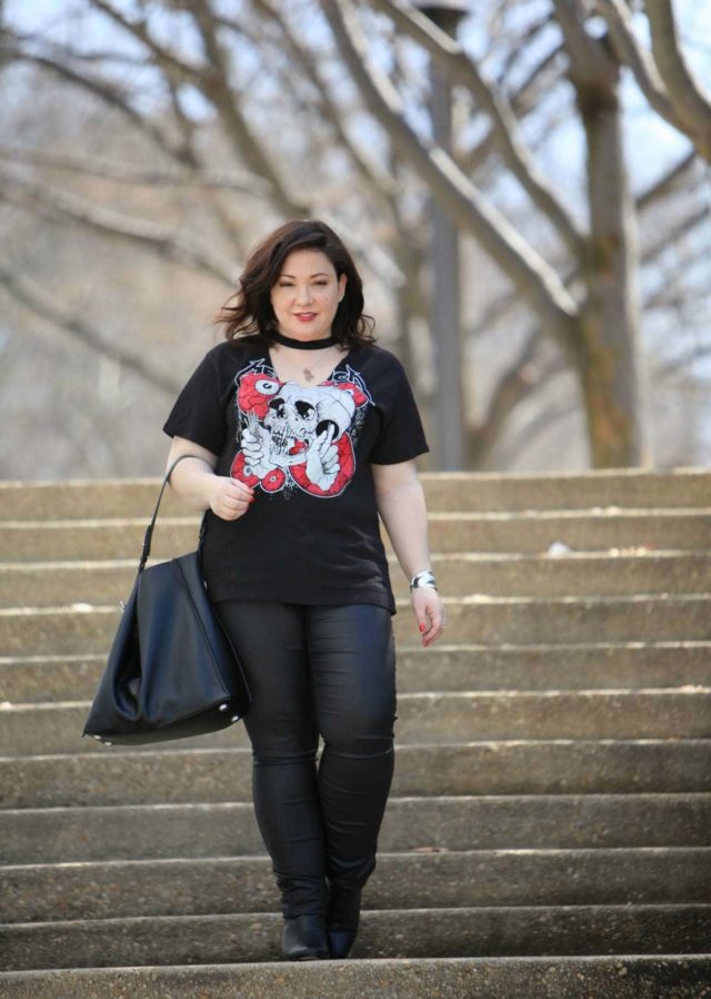 Blogger Wardrobe Oxygen in a Metallica Choker T-Shirt from Topshop, Junarose coated jeans via Dia&Co, and an ALLSAINTS black leather tote