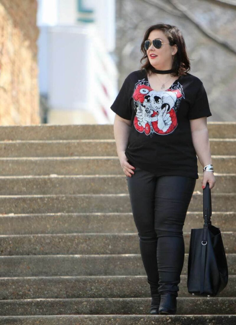 Blogger Wardrobe Oxygen in a Metallica Choker T-Shirt from Topshop, Junarose coated jeans via Dia&Co, and an ALLSAINTS black leather tote metallica choker tee shirt