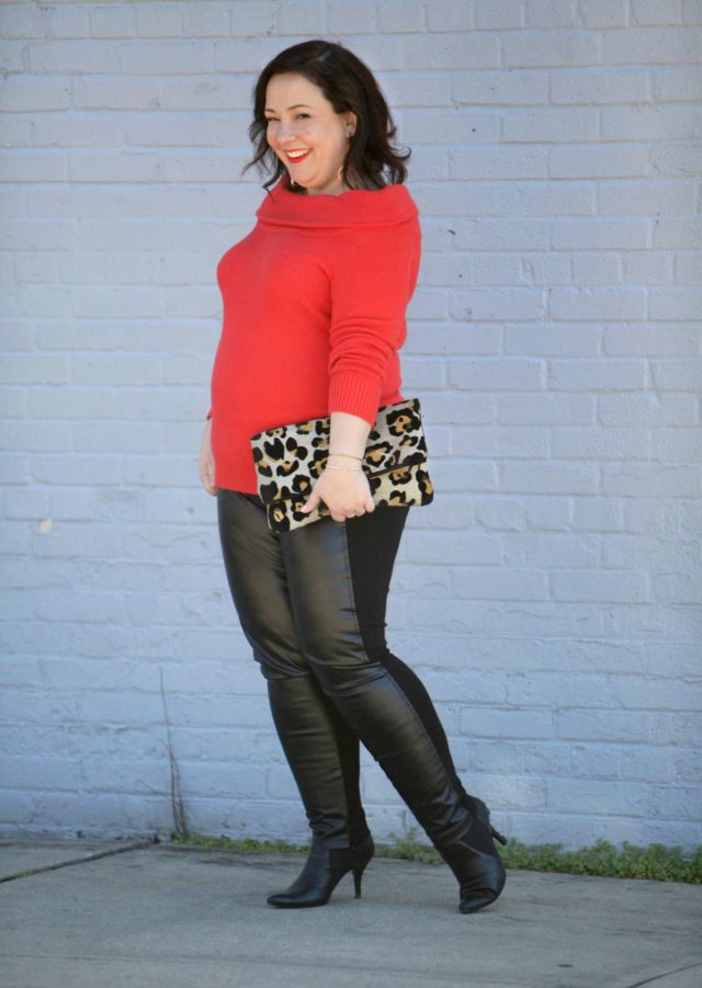 Wardrobe Oxygen, over 40 size 14 fashion blogger in a Vince Camuto sweater from Gwynnie Bee styled with Stella Carakasi faux leather front ponte pants and a leopard clutch from Love,Cortnie