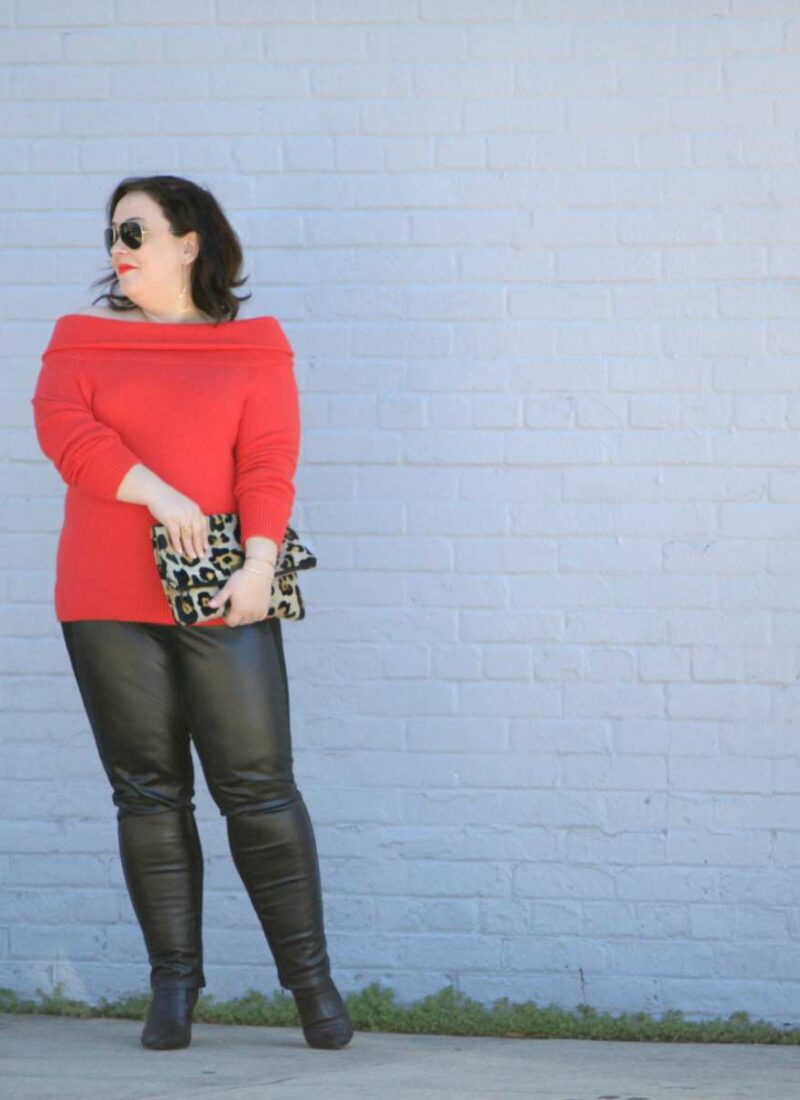 Wardrobe Oxygen, over 40 size 14 fashion blogger in a Vince Camuto sweater from Gwynnie Bee styled with Stella Carakasi faux leather front ponte pants and a leopard clutch from Love,Cortnie wear red