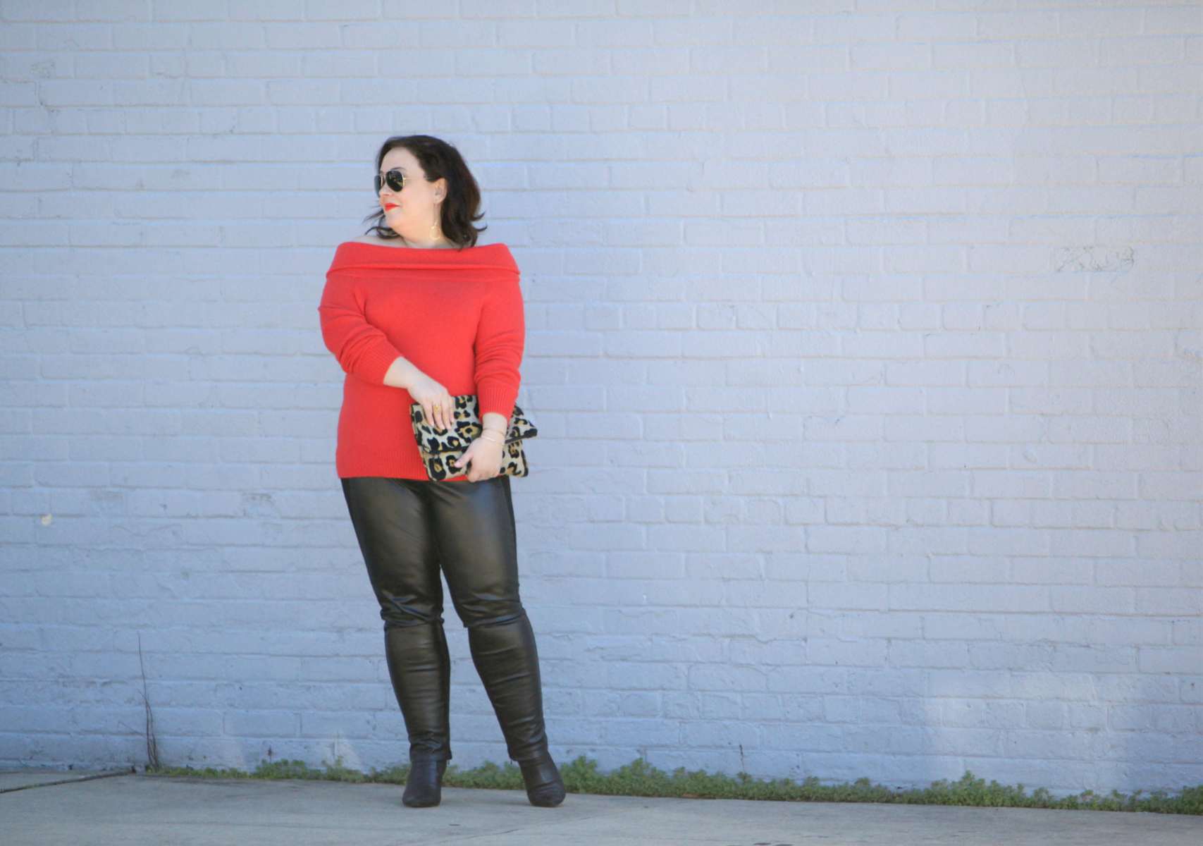 Wardrobe Oxygen, over 40 size 14 fashion blogger in a Vince Camuto sweater from Gwynnie Bee styled with Stella Carakasi faux leather front ponte pants and a leopard clutch from Love,Cortnie