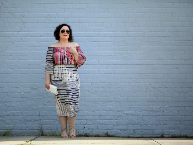 Over 40 fashion blogger Wardrobe Oxygen in the Tracy Reese x Gwynnie Bee collab Deconstructed Plaid off the shoulder dress