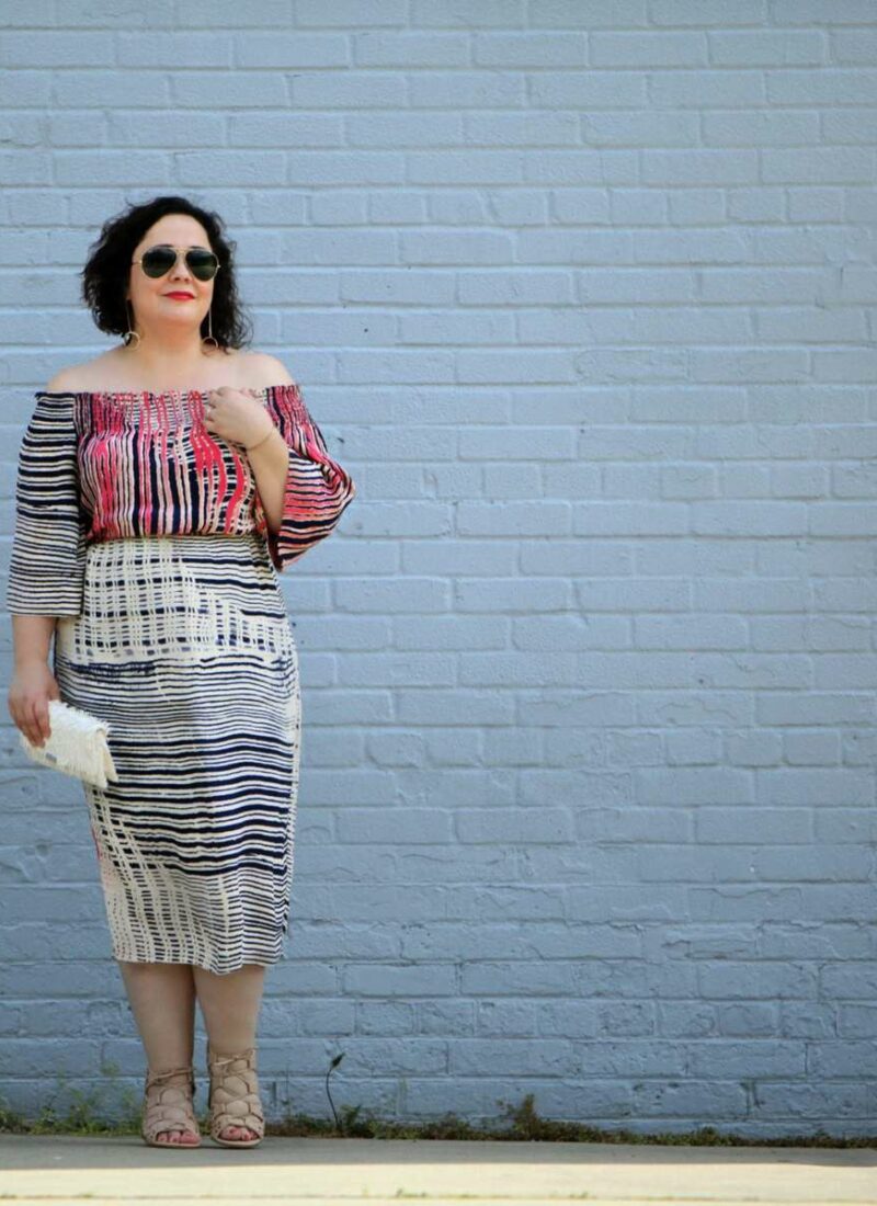Over 40 fashion blogger Wardrobe Oxygen in the Tracy Reese x Gwynnie Bee collab Deconstructed Plaid off the shoulder dress Tracy Reese Gwynnie Bee