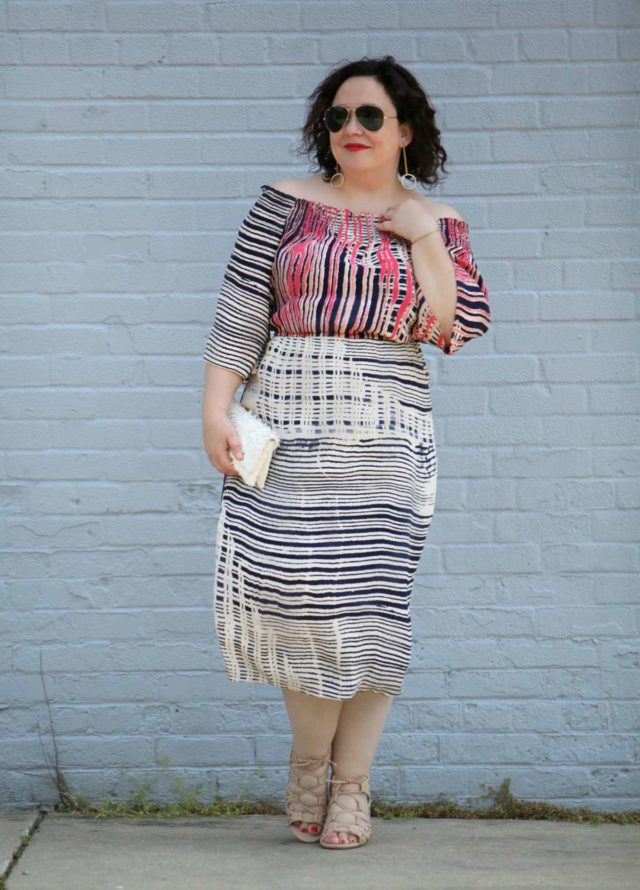 Over 40 fashion blogger Wardrobe Oxygen in the Tracy Reese x Gwynnie Bee collab Deconstructed Plaid off the shoulder dress