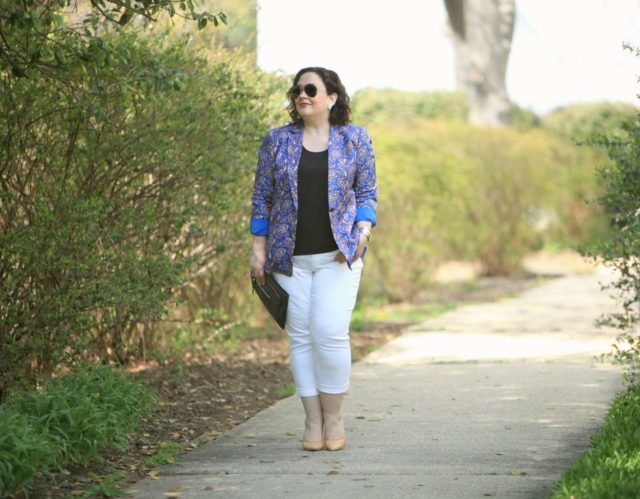 Wardrobe Oxygen in Chico's So Slimming Girlfriend Jeans with a Banana Republic paisley blazer