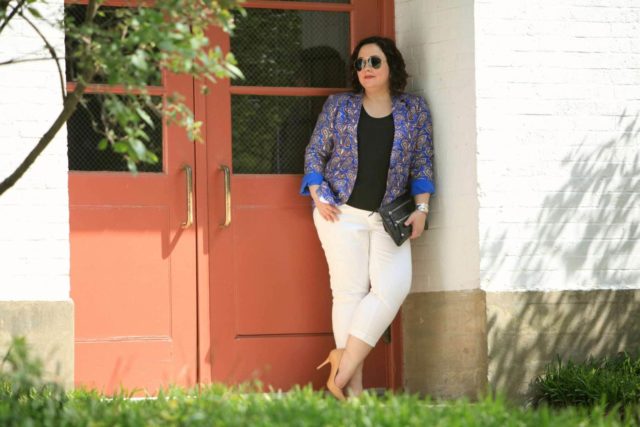 Wardrobe Oxygen in Chico's So Slimming Girlfriend Jeans with a Banana Republic paisley blazer