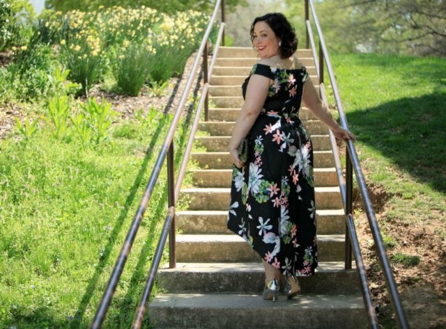 Wardrobe Oxygen in a CityChic floral off the shoulder dress with silver Nine West pumps and a vintage clutch