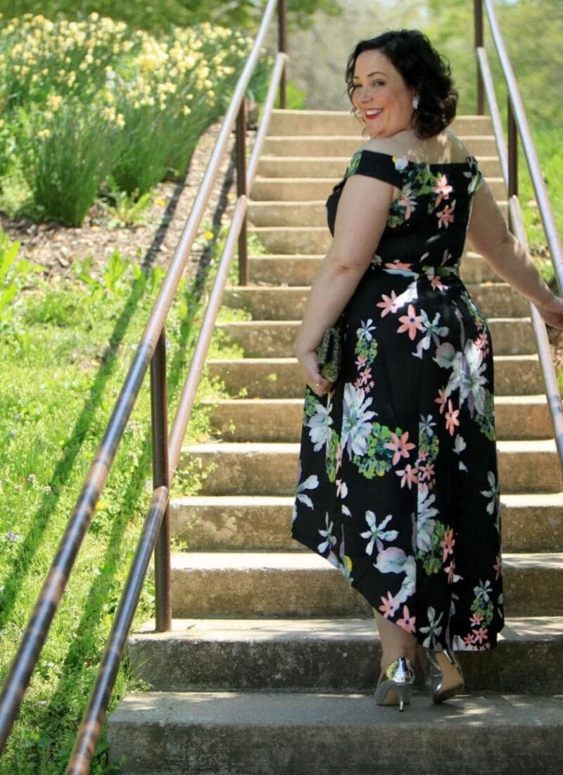 Wardrobe Oxygen in a CityChic floral off the shoulder dress with silver Nine West pumps and a vintage clutch city chic off the shoulder dress