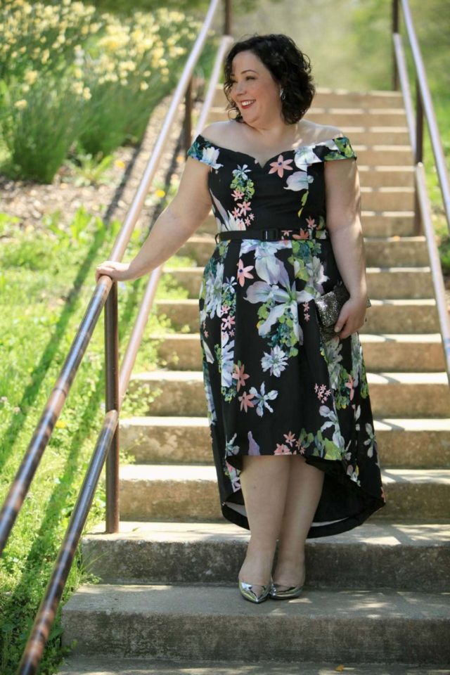 Wardrobe Oxygen in a CityChic floral off the shoulder dress with silver Nine West pumps and a vintage clutch