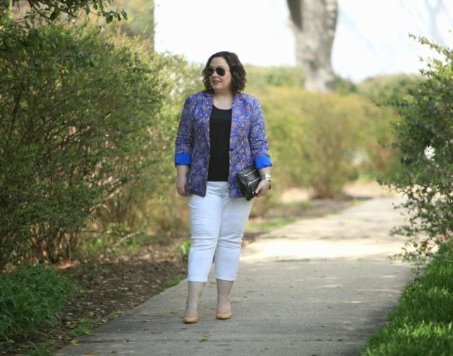 Wardrobe Oxygen in Chico's So Slimming Girlfriend Jeans with a Banana Republic paisley blazer