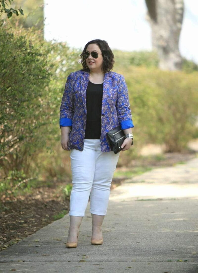 Wardrobe Oxygen in Chico's So Slimming Girlfriend Jeans with a Banana Republic paisley blazer