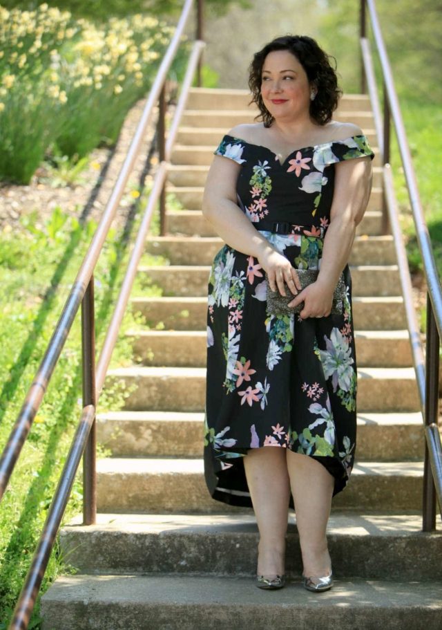 Wardrobe Oxygen in a CityChic floral off the shoulder dress with silver Nine West pumps and a vintage clutch