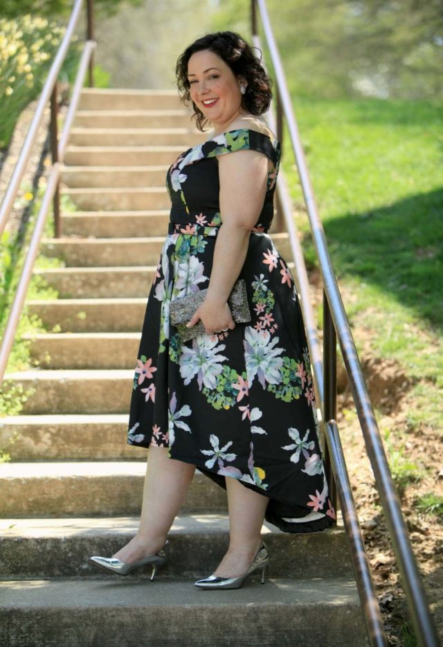 Wardrobe Oxygen in a CityChic floral off the shoulder dress with silver Nine West pumps and a vintage clutch