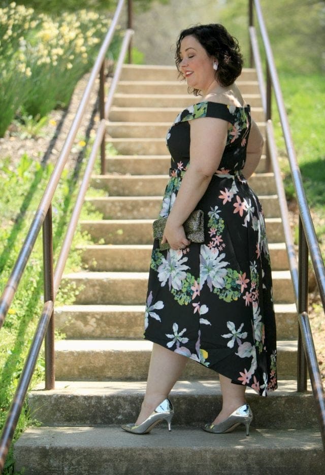 Wardrobe Oxygen in a CityChic floral off the shoulder dress with silver Nine West pumps and a vintage clutch