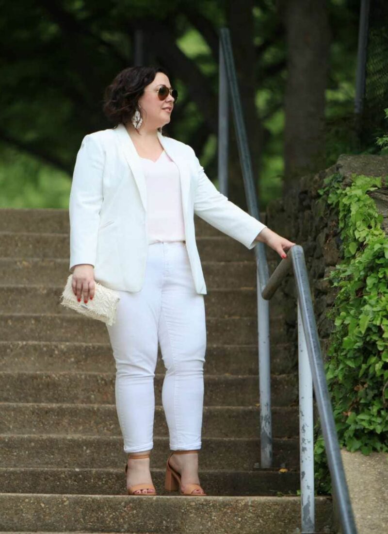 Wardrobe Oxygen in Vince Camuto blazer, LOFT strappy cami, Gap girlfriend jeans and Loeffler Randall tab clutch