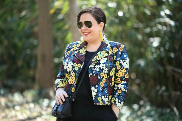 Wardrobe Oxygen wearing a Rachel Roy Curve floral moto jacket with Ray-Ban 62mm aviators and a Rebecca Minkoff bag