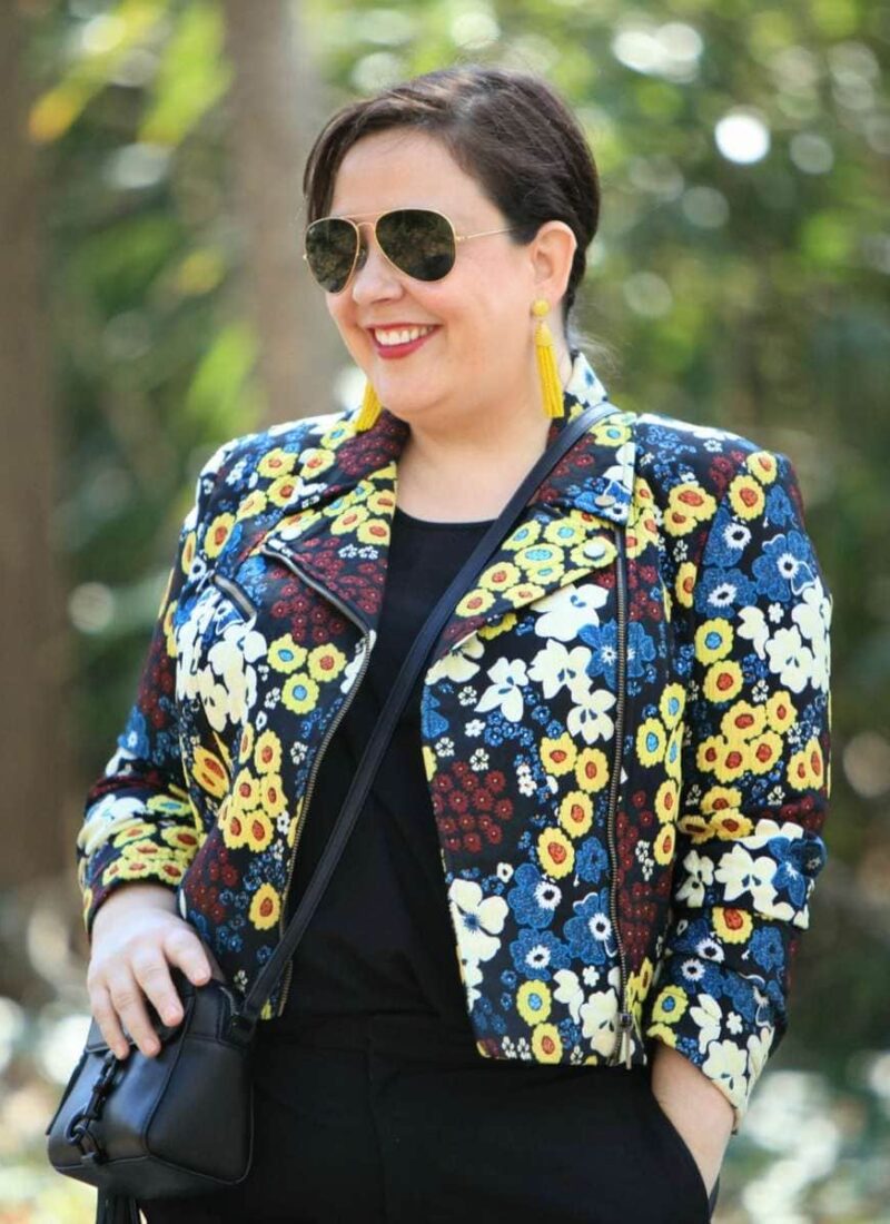Wardrobe Oxygen wearing a Rachel Roy Curve floral moto jacket with Ray-Ban 62mm aviators and a Rebecca Minkoff bag