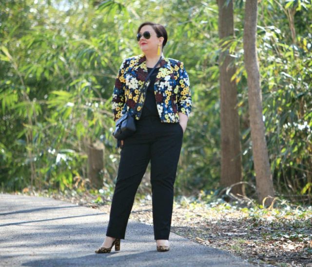 Wardrobe Oxygen wearing a Rachel Roy floral moto jacket via Gwynnie Bee with leopard haircalf pumps and Ray-Ban 62mm aviators