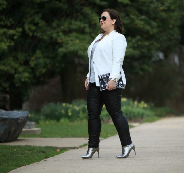 Wardrobe Oxygen in a Vince Camuto blazer, Junarose coated jeans from Dia&Co, silver BCBG ankle booties, and a Rebecca Minkoff clutch