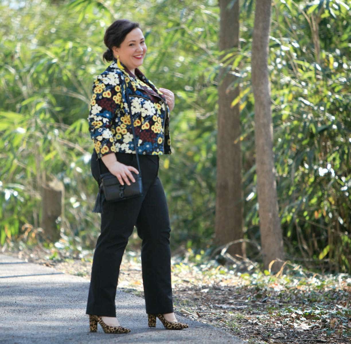 Wardrobe Oxygen wearing a Rachel Roy floral moto jacket via Gwynnie Bee with leopard haircalf pumps and Ray-Ban 62mm aviators
