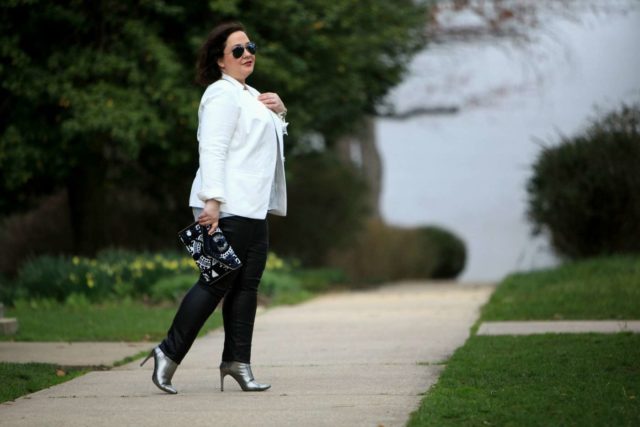 Wardrobe Oxygen in a Vince Camuto blazer, Junarose coated jeans from Dia&Co, silver BCBG ankle booties, and a Rebecca Minkoff clutch