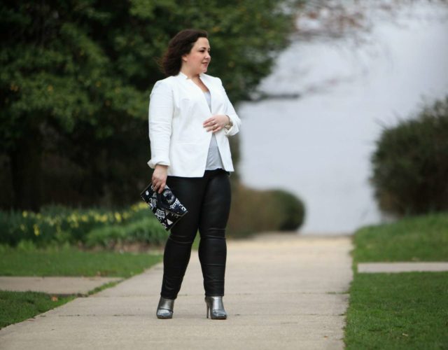 Wardrobe Oxygen in a Vince Camuto blazer, Junarose coated jeans from Dia&Co, silver BCBG ankle booties, and a Rebecca Minkoff clutch