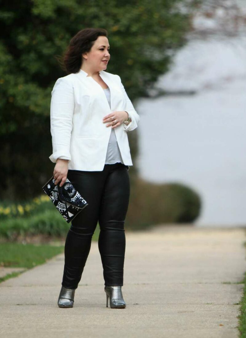 Wardrobe Oxygen in a Vince Camuto blazer, Junarose coated jeans from Dia&Co, silver BCBG ankle booties, and a Rebecca Minkoff clutchbombelle t shirt