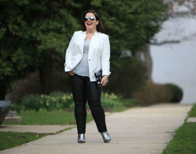 Wardrobe Oxygen in a Vince Camuto blazer, Junarose coated jeans from Dia&Co, silver BCBG ankle booties, and a Rebecca Minkoff clutch