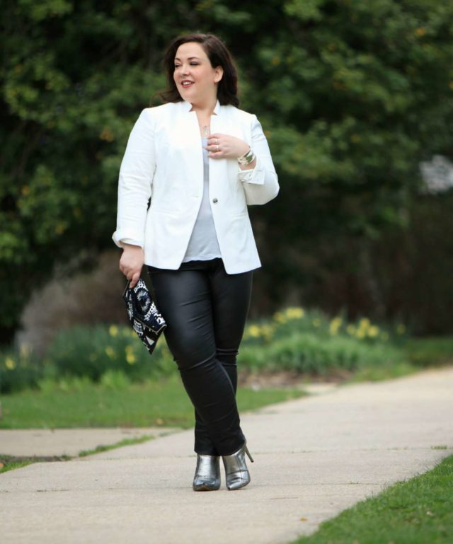 Wardrobe Oxygen in a Vince Camuto blazer, Junarose coated jeans from Dia&Co, silver BCBG ankle booties, and a Rebecca Minkoff clutch