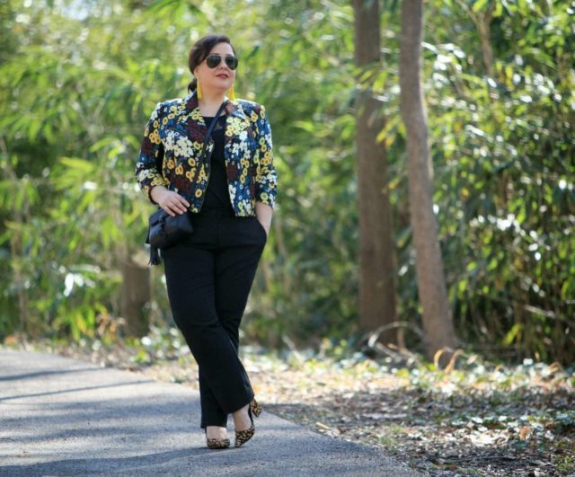 Wardrobe Oxygen wearing a Rachel Roy floral moto jacket via Gwynnie Bee with leopard haircalf pumps and Ray-Ban 62mm aviators