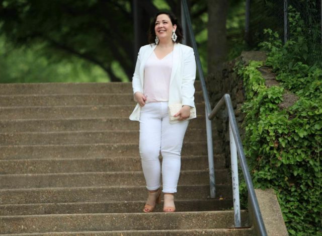 Wardrobe Oxygen in Vince Camuto blazer, LOFT strappy cami, Gap girlfriend jeans and Loeffler Randall tab clutch