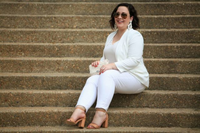 Wardrobe Oxygen in Vince Camuto blazer, LOFT strappy cami, Gap girlfriend jeans and Loeffler Randall tab clutch