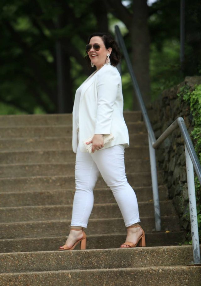 Wardrobe Oxygen in Vince Camuto blazer, LOFT strappy cami, Gap girlfriend jeans and Loeffler Randall tab clutch