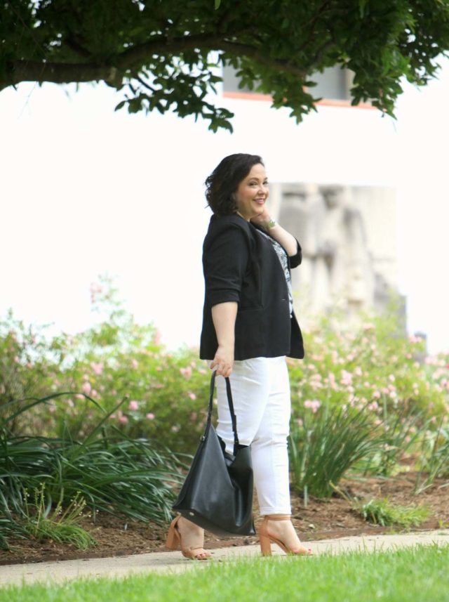 Over 40 blogger Wardrobe Oxygen in a RACHEL Rachel Roy ponte blazer, Talbots ankle jeans, and a J. Crew sequin detail tee 