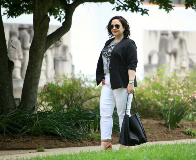 Over 40 blogger Wardrobe Oxygen in a RACHEL Rachel Roy ponte blazer, Talbots ankle jeans, and a J. Crew sequin detail tee 