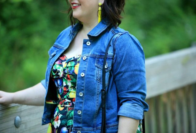 Wardrobe Oxygen in Ellos denim jacket and City Chic Fruit Salad Dress via Gwynnie Bee