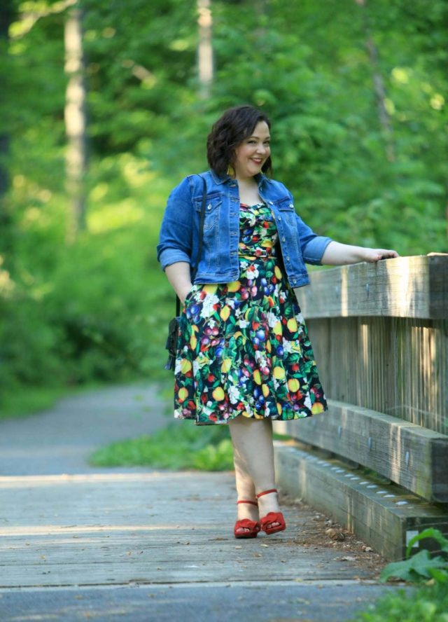 Wardrobe Oxygen in Ellos denim jacket and City Chic Fruit Salad Dress via Gwynnie Bee