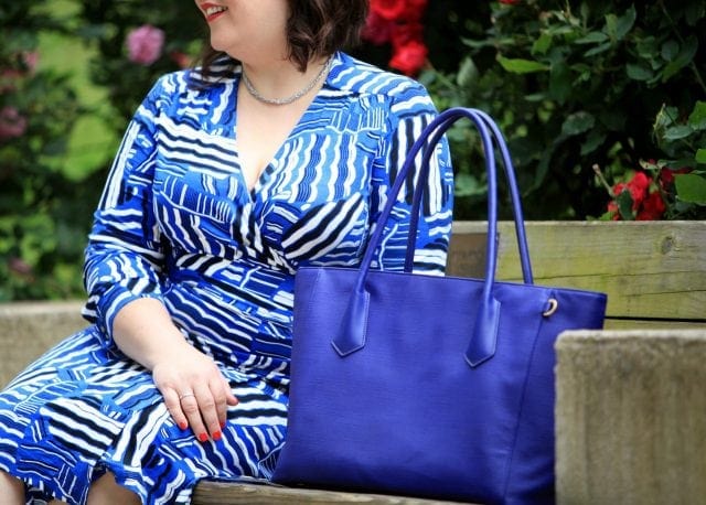 Over 40 fashion blogger Wardrobe Oxygen in a Lands' End wrap dress, Dagne Dover classic tote, and Ross Simons Byzantine Link necklace