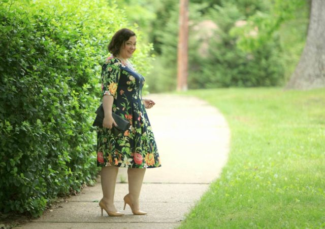 Wardrobe Oxygen in a Gabby Skye floral fit and flare dress via Gwynnie Bee with a Baublebar necklace and Nine West pumps